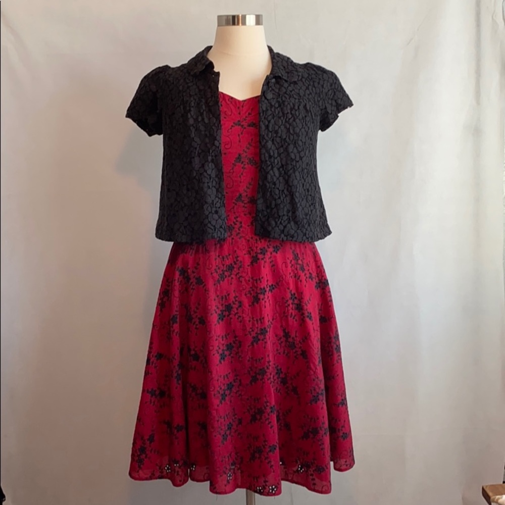 Plus Red/Black Retro Style Fit and Flare Dress
